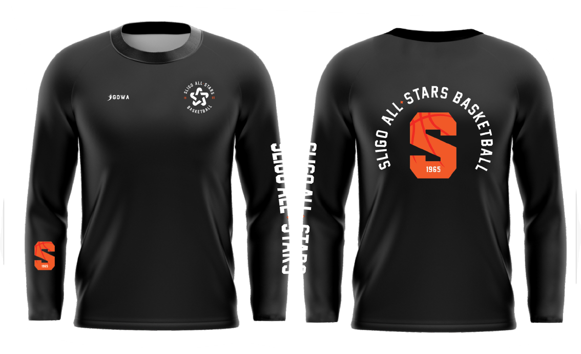 A black long-sleeved basketball shooter top with orange and white text and graphics, including 'Sligo All Stars.