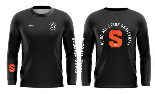 A black long-sleeved basketball shooter top with orange and white text and graphics, including 'Sligo All Stars.